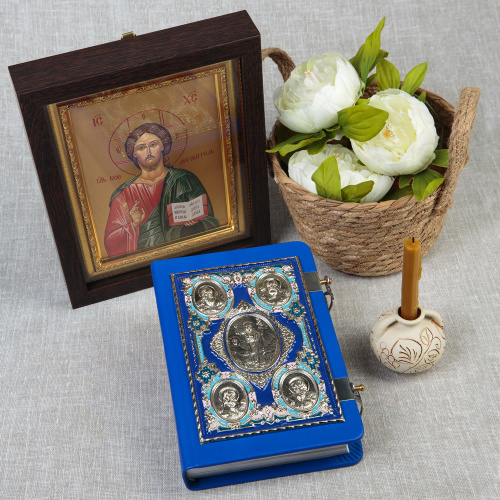Евангелие требное среднее синее, оклад "под серебро", кожа, эмаль, 17х22 см фото 6