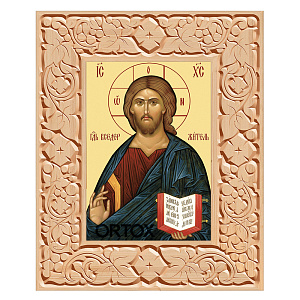 Икона Спасителя "Господь Вседержитель" в резной рамке, цвет "натуральное дерево", ширина рамки 12 см (29,7x42 см (А3))