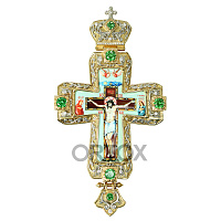 Крест наперсный из латуни 7,5х14 см., позолота, зеленые камни