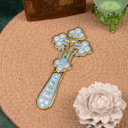 Крест требный, цинковый сплав, голубая и белая эмаль, 7,5х17 см фото 3