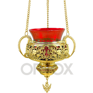 Лампада подвесная из латуни в позолоте c подвеской, 16х20,5 см (красный стаканчик)