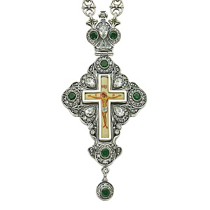 Крест наперсный серебряный, с цепью, зеленые фианиты, высота 13 см (чернение)