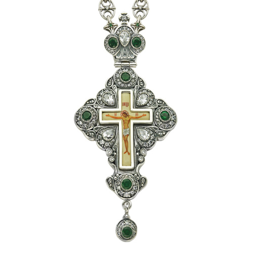 Крест наперсный серебряный, с цепью, зеленые фианиты, высота 13 см
