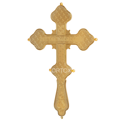 Крест напрестольный латунный, гравировка, камни, цвет "под золото" фото 5