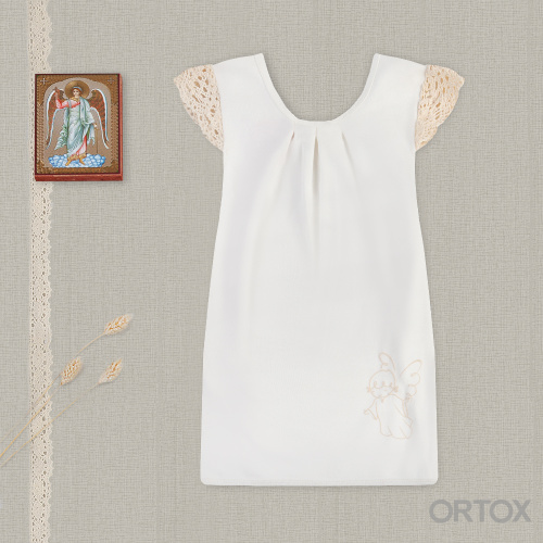 Рубашка для крещения "Ангелочек" молочного цвета из хлопка, с кружевными плечиками фото 2