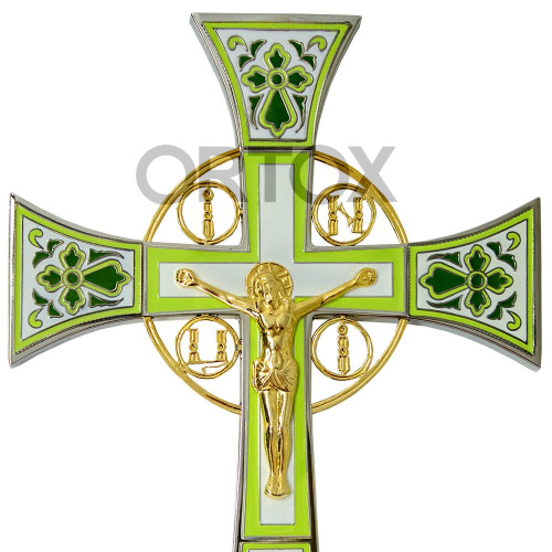 Крест напрестольный латунный "Новгородский", 14х26 см, зеленый, золотые буквы фото 2
