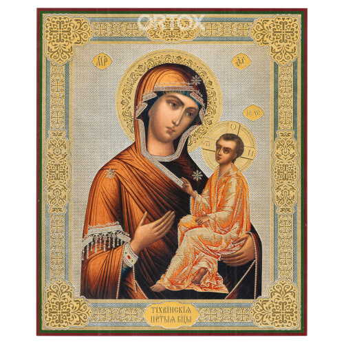 Икона Божией Матери "Тихвинская", 17х21 см, бумага, УФ-лак
