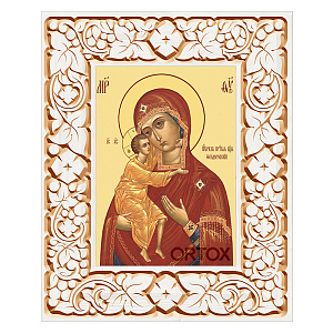 Икона Божией Матери "Феодоровская" в резной рамке, цвет "белый с золотом" (патина), ширина рамки 12 см (29,7x42 см (А3))