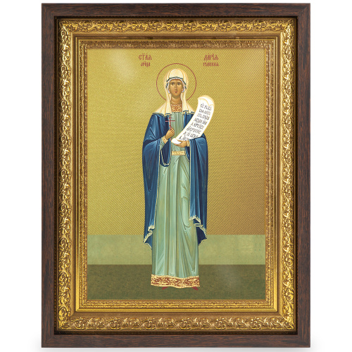 Икона мученицы Дарии Римской, в широком багете, цвет "темный дуб", на холсте, с золочением фото 2