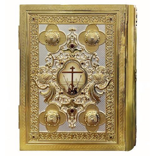 Евангелие напрестольное, латунный оклад в позолоте, фианиты, 30х35 см фото 2