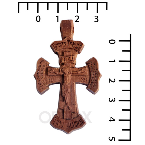 Деревянный нательный крестик «Солнце Правды» с распятием и молитвой Кресту, цвет темный, высота 4,9 см фото 2