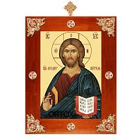 Икона Спасителя "Господь Вседержитель" в рамке с декоративными элементами и крестом, цвет "кипарис с золотом"