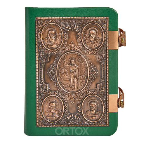 Евангелие требное малое зеленое, оклад "под бронзу", кожа, 12х16 см