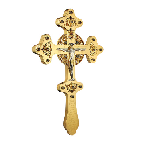 Крест напрестольный латунный в позолоте, фианиты, высота 30 см