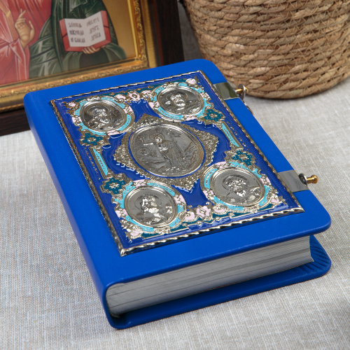 Евангелие требное среднее синее, оклад "под серебро", кожа, эмаль, 17х22 см фото 2