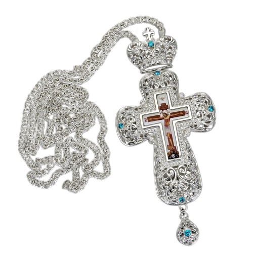 Крест наперсный из ювелирного сплава в серебрении с цепью, фианиты фото 2 Крест наперсный из ювелирного сплава в серебрении с цепью, фианиты фото 2