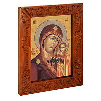 Икона Божией Матери "Казанская", в узкой резной раме, цвет "кипарис", холст с золочением, ширина рамы 7 см