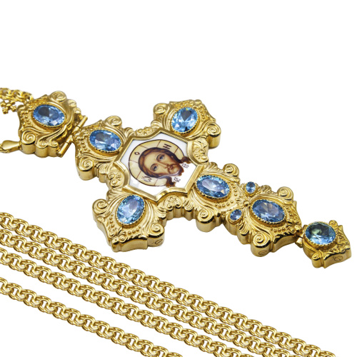 Крест наперсный из ювелирного сплава в позолоте с цепью, деколь, фианиты, 8х16,5 см фото 3