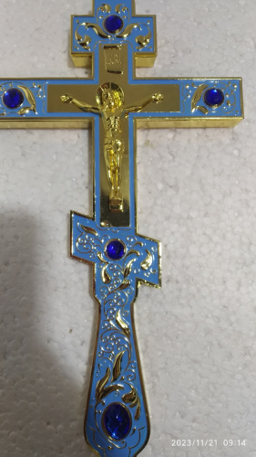 Крест напрестольный, голубая эмаль, синие камни, 14,5х26 см, У-0930 фото 9