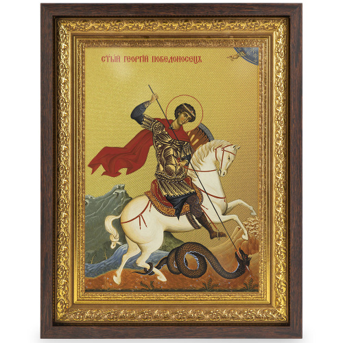 Икона Георгия Победоносца в широком багете, цвет "темный дуб", на холсте, с золочением фото 2