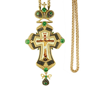 Крест наперсный латунный в позолоте, фианиты, 8х17 см (зеленые фианиты, без цепи)