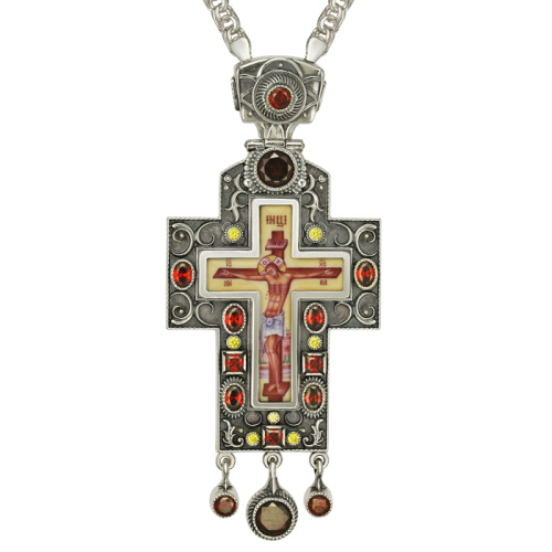 Крест наперсный серебряный с цепью, финифть, зеленые и желтые фианиты, высота 14 см фото 2