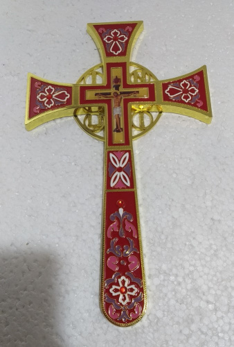 Крест требный четырехконечный, цинковый сплав, красная эмаль, камни, 17х29 см, У-0932 фото 2