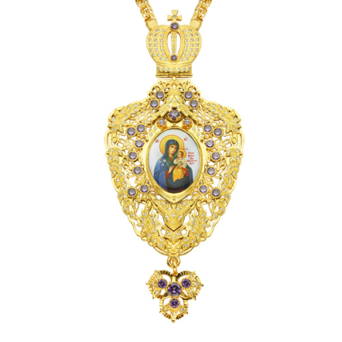 Панагия из ювелирного сплава в позолоте с цепью, белые и голубые фианиты, высота 15 см фото 6