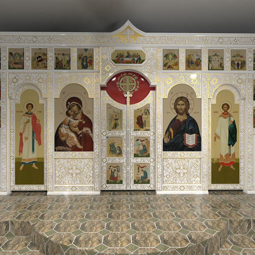 Иконостас двухъярусный (г. Красноярск), белый с золотом (патина), 542х304х16 см