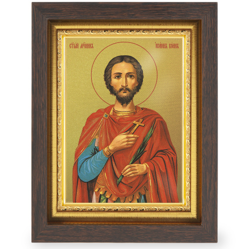 Икона мученика Иоанна Воина, в узком багете, цвет "темный дуб", на холсте, с золочением фото 2