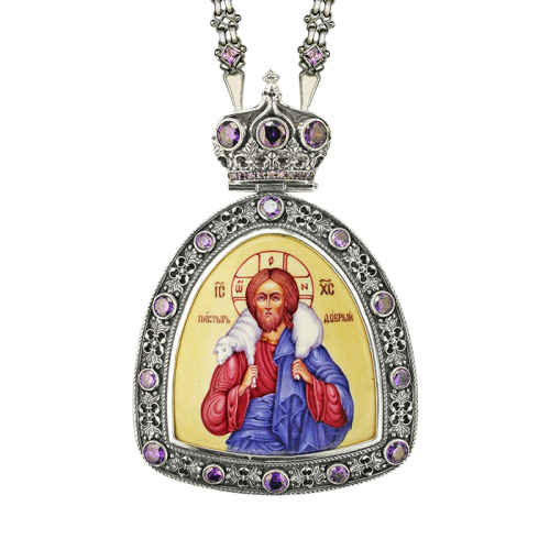 Панагия серебряная с финифтевым образом и цепью, чернение, фиолетовые фианиты, высота 13 см