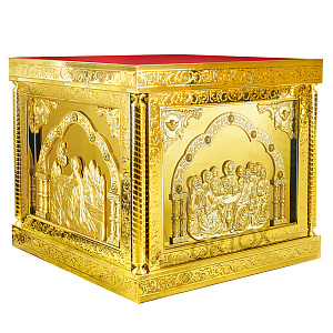 Облачение на престол "Золотые своды" с прямым основанием, чеканка, высота 105 см (130х130х105 см красная ткань)