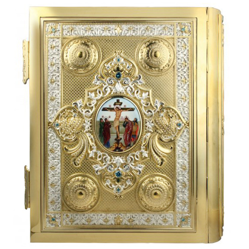 Евангелие напрестольное, латунный оклад в позолоте и серебрении, фианиты, 30х35 см фото 2
