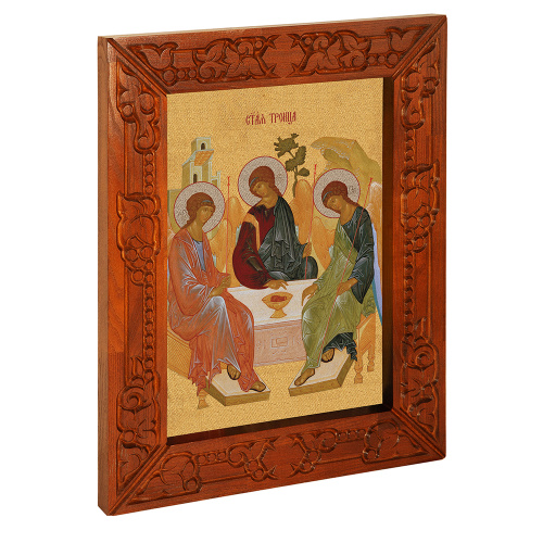 Икона Святой Троицы, в узкой резной раме, цвет "кипарис", холст с золочением, ширина рамы 7 см Икона Святой Троицы, в узкой резной раме, цвет "кипарис", холст с золочением, ширина рамы 7 см