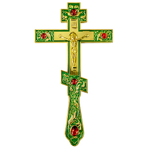 Крест напрестольный, зеленая эмаль, красные камни, 14х26 см (с полировкой)