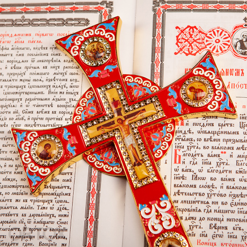 Крест требный четырехконечный, красная эмаль, камни, 17х29 см фото 15