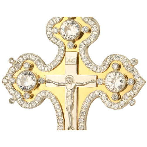 Крест наперсный из ювелирного сплава в серебрении с цепью, фрагментарная позолота, белые фианиты, вы фото 2 Крест наперсный из ювелирного сплава в серебрении с цепью, фрагментарная позолота, белые фианиты, вы фото 2