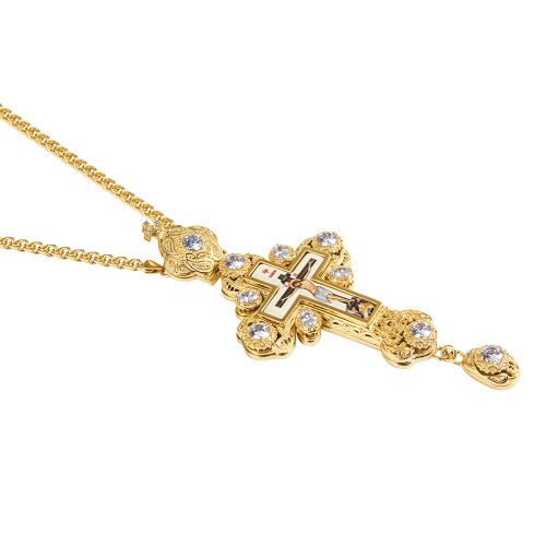 Крест наперсный из ювелирного сплава в позолоте с цепью, фианиты, 6,5х15,5 см фото 5