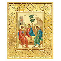 Икона Пресвятой Троицы в резной позолоченной рамке, поталь, ширина рамки 12 см