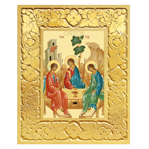 Икона Пресвятой Троицы в резной позолоченной рамке, поталь, ширина рамки 12 см