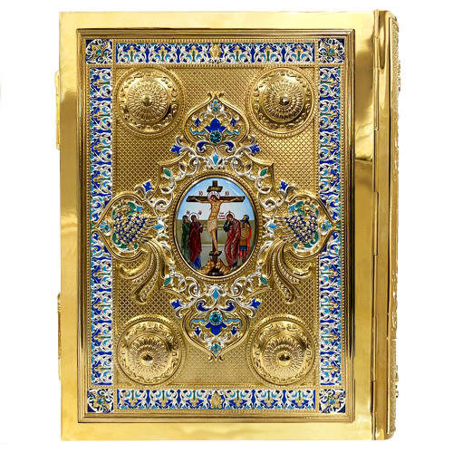 Евангелие напрестольное, оклад из ювелирного сплава в позолоте, фианиты, эмаль, 30х35 см фото 2