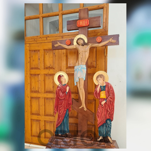Крест-голгофа напольная с предстоящими, цветная роспись, резьба фото 9