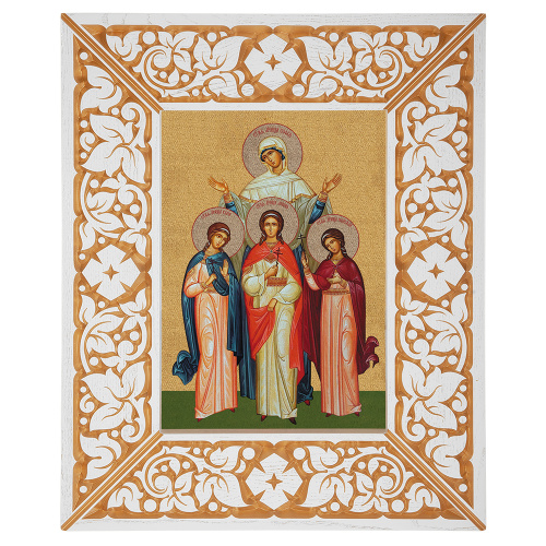 Икона мучениц Веры, Надежды, Любови и матери их Софии, в широкой резной раме, белая с золотом (патина), холст с золочением, ширина рамы 12 см фото 2 Икона мучениц Веры, Надежды, Любови и матери их Софии, в широкой резной раме, белая с золотом (патина), холст с золочением, ширина рамы 12 см фото 2