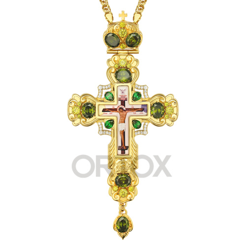 Крест наперсный латунный, позолота, фианиты, высота 16 см фото 4