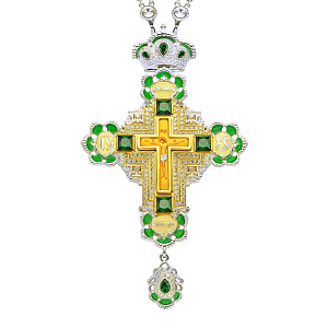 Крест наперсный серебряный, с цепью, позолота, зеленые фианиты, высота 17,5 см (эмаль)
