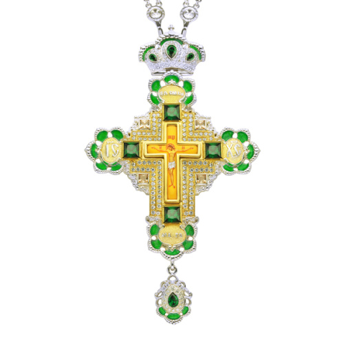 Крест наперсный серебряный, с цепью, позолота, зеленые фианиты, высота 17,5 см