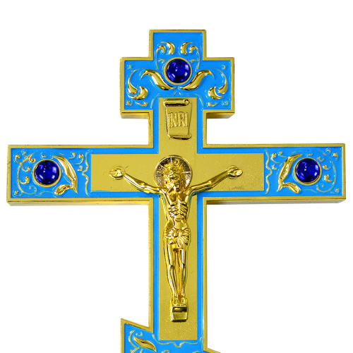 Крест напрестольный / требный, цинковый сплав, голубая эмаль, синие камни, 14,5х26 см фото 3 Крест напрестольный / требный, цинковый сплав, голубая эмаль, синие камни, 14,5х26 см фото 3