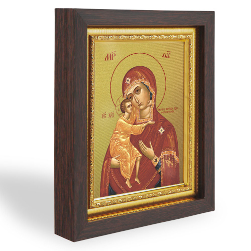Икона Божией Матери "Феодоровская" в узком багете, цвет "темный дуб", на холсте, с золочением