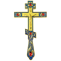 Крест напрестольный, синяя эмаль, красные камни, 14,5х26 см