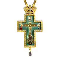 Крест наперсный серебряный, с цепью, позолота, белые фианиты, высота 13 см